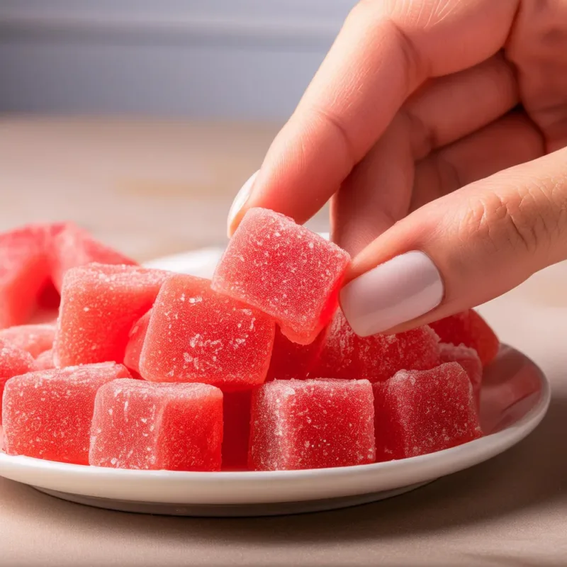 A woman's hand picking up a single gummie from a plate fiull of gummies.