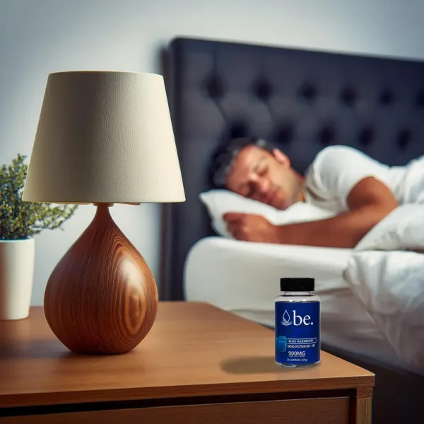 A man sleeping with a bottle of CBD + CBN Sleep Gummies on his bedside table.