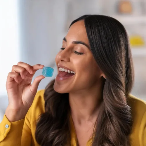 A woman eating a delta-8 gummie.