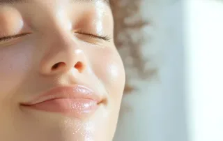 A woman with serum on her face sunning.