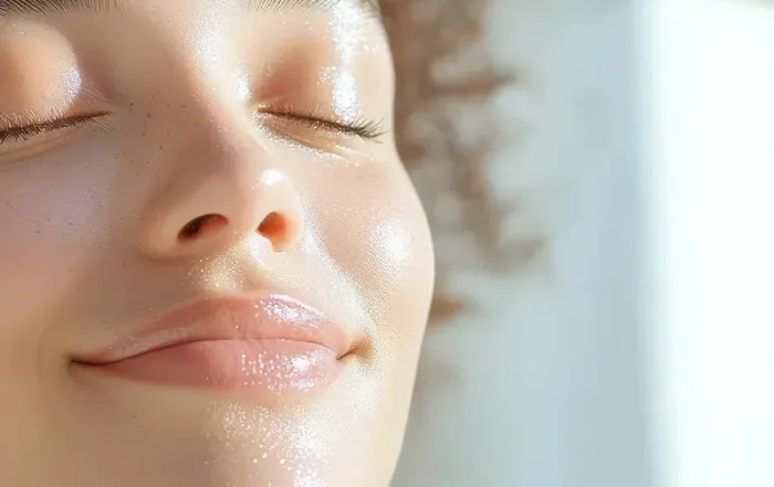 A woman with serum on her face sunning.