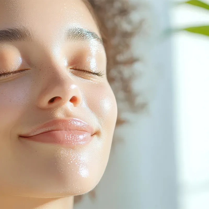 A woman with serum on her face sunning.