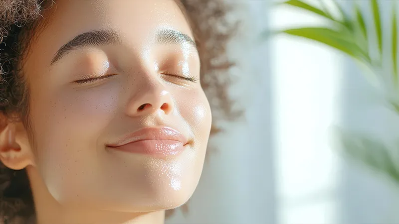 A woman with serum on her face sunning.