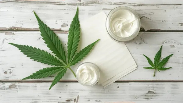 CBD cream and some cannabis leaves.