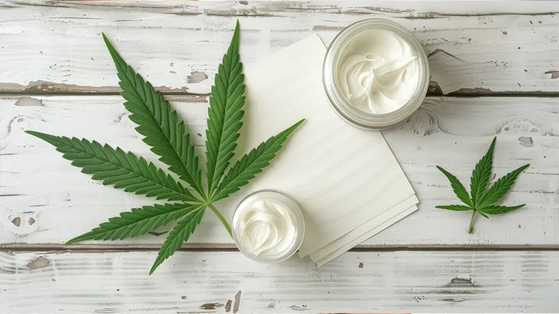 CBD cream and some cannabis leaves.